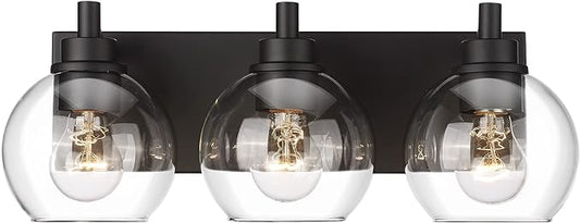 METWET Bathroom Light Fixtures, 3-Light Matte Black Vanity Light, Modern Wall Sconces with Clear Glass Globe Shade, Bathroom Wall Lights for Mirror Kitchen Bedroom Hallway, VL195-MB-3