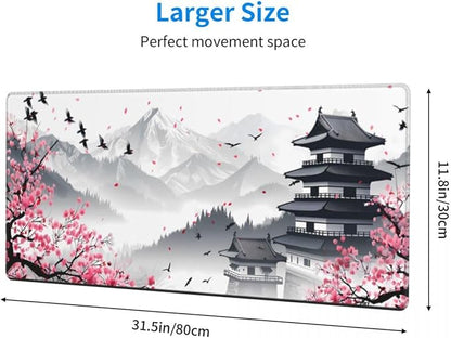 CANFLASHION Desk Pad,Office Desk Mat 31.5"×11.8"Large Gaming Mouse Pad,Durable Extended Computer Mouse Pad,Waterproof Thick Big Mouse Pads with Non-Slip Rubber Base Office Home Japanese Castle Cherry
