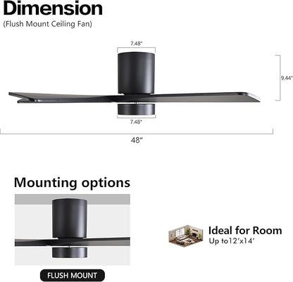 WINGBO 48 Inch Flush Mount DC Ceiling Fan with Lights and Remote, 5 Reversible Carved Wood Blades, 6-Speed Noiseless DC Motor, Hugger Ceiling Fan in Black Finish, Low Profile Ceiling Fans, ETL Listed