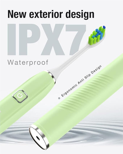 7AM2M Sonic Electric Toothbrush with 6 Brush Heads for Adults&Kids, One Charge for 120 Days, Wireless Fast Charge, 5 Modes, 40000VPM Powered Toothbrush, 2 Minutes Built in Smart Timer (Light Green)