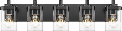 METWET Bathroom Light Fixtures, 5-Light 30" Vanity Light with Square Clear Glass Shade, Modern Matte Black Wall Sconces, Vanity Lighting Fixtures Over Mirror, VL194-MB-5