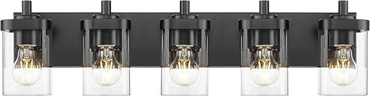 METWET Bathroom Light Fixtures, 5-Light 30" Vanity Light with Square Clear Glass Shade, Modern Matte Black Wall Sconces, Vanity Lighting Fixtures Over Mirror, VL194-MB-5