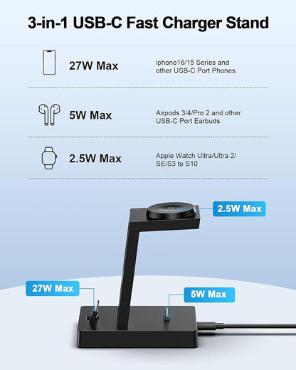 30W Fast 3 in 1 Charging Station for Apple Devices - ADADPU USB C Charger Stand for iPhone 16 15 Pro Max Plus & AirPods 4, Wireless Charger Dock Compatible with Apple Watch Ultra/10/9/8/7/6/5/4/3/2/SE