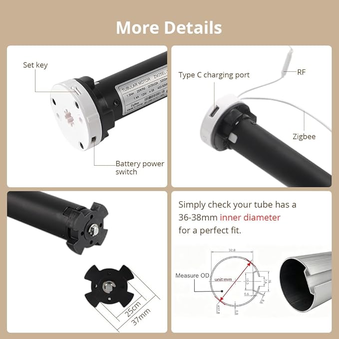 Blindsmart Rechargeable Tuya Zigbee Roller Blinds Motor for 38mm Tube, Motorized Window Shades Automatic Blinds Curtain Opener APP Control, Zigbee Hub Required (with 9-Channel Remote + Solar Pannel)