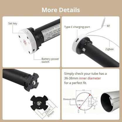 Blindsmart Rechargeable Tuya Zigbee Roller Blinds Motor for 38mm Tube, Motorized Window Shades Automatic Blinds Curtain Opener APP Control, Zigbee Hub Required (with 1-Channel Remote)