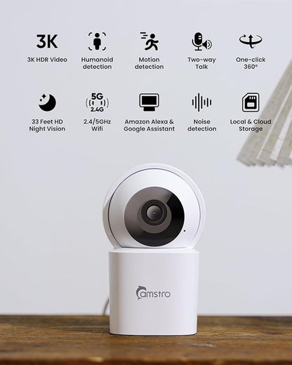 CAMSTRO 3K Indoor Security Camera 2 Pack, 360° Pan/Tilt WiFi Camera for Home Security, 2.4/5GHz Pet/Dog/Baby Camera with Phone App, Night Vision, Two-Way Audio, 24/7 SD/Cloud Storage, Works with Alexa
