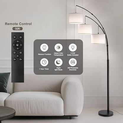 Fansdrick Floor lamp with Remote, 3 Light Arc Floor Lamps for Living Room, 2400LM Tall Standing Floor Lamps with White Shades, 80" Large Floor Lamp for Bedroom, Office