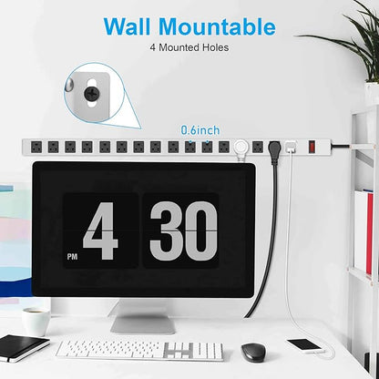 JUNNUJ Metal 16 Outlet Power Strip, Mountable Heavy Duty Power Strip, 1200J Surge Protector Wall Mount Screws Outlet with Switch, Gaming Desk Strips Wide Spaced 15A 125V 1875W, 6 FT 14AWG Power Cord