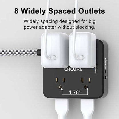 Surge Protector Power Strip - CHCORE 10Ft Braided Extension Cord with 8 Outlets with 4 USB (2 USB C) Charging Ports, Flat Plug Multi Plug Outlet Extender Charging Station for Home Office, ETL, Black