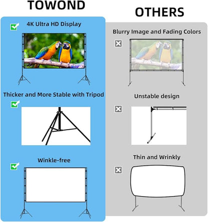 TOWOND Projector Screen with Stand, 100 inch Outdoor Projector Screen Portable Indoor Projection Screen 16:9 4K Rear Front Movie Screen with Carry Bag for Home Backyard Theater