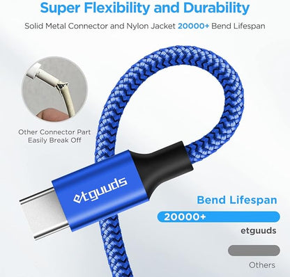 etguuds USB A to USB C Cable 6.6ft, 2-Pack, 3A Fast Charging Type C Charger Cord for iPhone 17 16 15 Pro Max 16e 17 Air, Samsung Galaxy S25 S24 S23 S22 S21 S20 A17 A16 A56 A55 Flip Fold, Blue