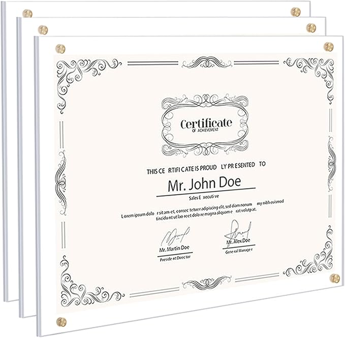 Kalami 3 Pack 11x14 Acrylic Wall Mount Picture Frame Self Adhesive, Floating Frameless Clear Photo Frame for Diploma Certificate Degree Document Display Gallery Wall-Full Frame Size 12.4x15.4