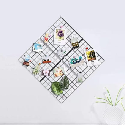 Feadily 4 Pack Metal Grid Wall Board Including 1 Hook Rack, Photos & Pictures Display Board,Photo Wall, Picture Board, DIY Home & Office Wall Decor 13.8 Inch × 13.8 Inch (Black)