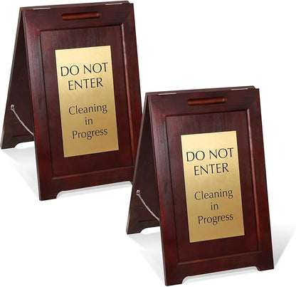 SmartSign (2-Pack) Premium "Do Not Enter Cleaning in Progress" Wooden A-Frame Standing Floor Sign, 2-Sided, 24" x 15", Hardwood Pine Frame, 120 mil Brass ACM Sign Face, Black on Gold, Made in USA