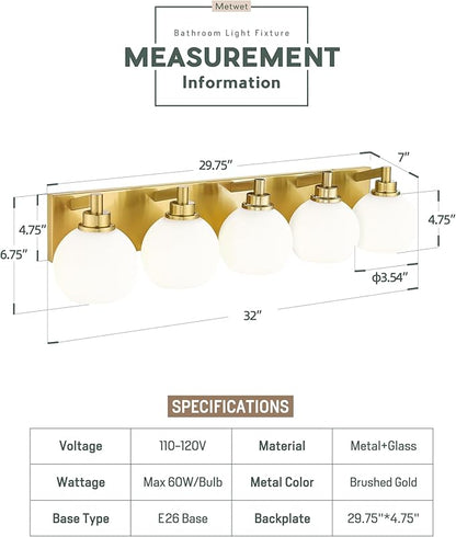 METWET Bathroom Light Fixtures, 5-Light Brushed Gold Bathroom Vanity Lights Over Mirror with Globe Milk White Glass Shade, 32 Inch Modern Vanity Lighting Fixtures, VL195-BG-ML-5