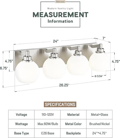 METWET Bathroom Light Fixtures, 4 Light Brushed Nickel Vanity Light, 26 Inch Modern Wall Sconces with Globe Milk White Glass Shade, Vanity Lighting Fixtures Over Mirror, VL195-BN-ML-4