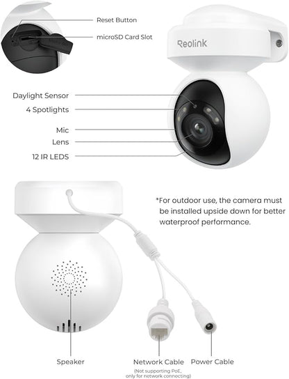 REOLINK 4K Outdoor Plug-in WiFi 6 Security Camera, PTZ Camera for Home Security, Wi-Fi 6 New Tech, Motion Tracking, Smart Detection, 3X Optical Zoom, Motion Spotlight, Local Storage, E1 Outdoor Pro