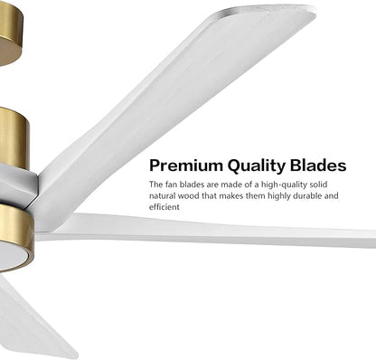 WINGBO 54 Inch DC Ceiling Fan with Lights and Remote Control, 5 Reversible Carved Wood Blades, 6-Speed DC Motor, Modern Ceiling Fan in Brass Finish with White Blades, ETL Listed
