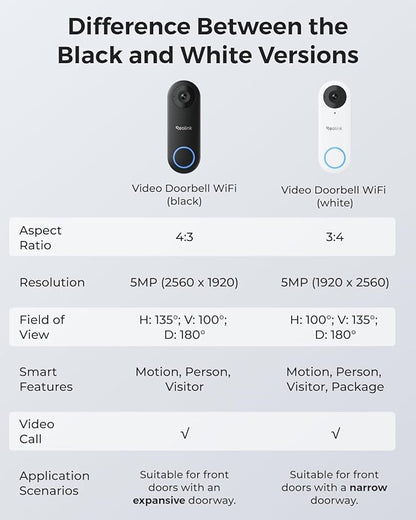 REOLINK 2K Video Doorbell Wi-Fi Camera with Chime, 3:4 Head-to-Toe View, 180°View, 5/2.4 GHz Wi-Fi, 2-Way Talk, Person/Package Detection, Waterproof, Smart Alerts, Works NVR(Wired)