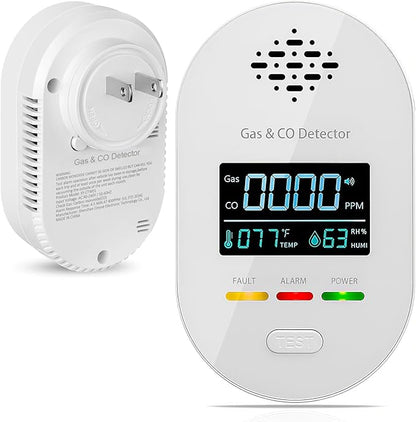 4-in-1 Natural Gas Leak Detector & Carbon Monoxide Detectors, Plug in CO and Natural Gas Detector with Temperature Humidity Display, Combination Gas Detector, CO, Propane, LPG, Explosive Gas Alarm