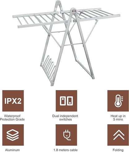 SHARNDY Electric Heating Clothes Drying Rack,Foldable Clothes Drying Rack,Suitable for Drying Clothes, Shoes and Socks.Plug & Play,Silvery Gray,Aluminum Alloy,One-Click Switch(39.37×52.56×25.98in)