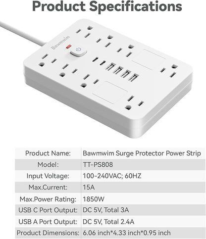 Bawmwim Surge Protector Power Strip - 8 Outlets(1850W/15A) with 6 USB Ports（2 USB C, 6FT Flat Plug Extension Cord, Wall Mount Multi Plug Outlet Extender, ETL Listed for Home, Dorm Room, White