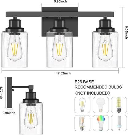 DIKAIDA 3-Light Bathroom Light Fixtures, Black Bathroom Vanity Light with Clear Glass Shade, Modern Bathroom Wall Lights Over Mirror, Farmhouse Wall Sconces Lighting for Bedroom LivingRoom