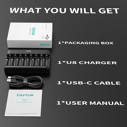 Dlyfull 8 Bay AA AAA Battery Charger with USB-C High-Speed Charging, Independent Slot for 1.2V Ni-MH Ni-CD Rechargeable Batteries, Cable Included