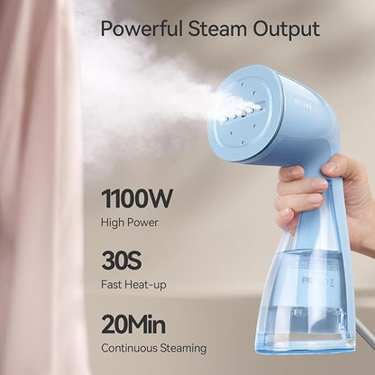 HiLIFE Upgraded Steamer for Clothes, Handheld Portable Design, 1100W Powerful Steam, 300ml Larger Tank & No Leak Tech, 30S Fast Heat-up, Quick Wrinkle Remover, Compact Size for Travel, ONLY 120V-Blue
