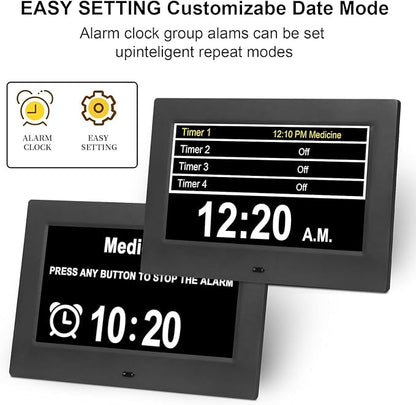 Irednolw 7inch Large Impaired Vision Digital Alarm Clock with Day and Time, Digital Day Clock for Seniors with Auto Dimming / 8 Alarms Clock