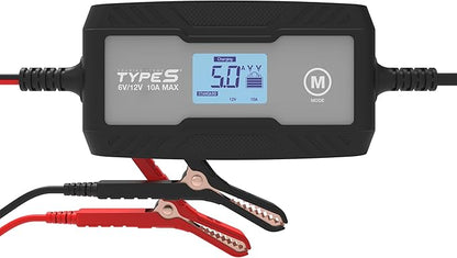 Type S 10A Smart Battery Charger & Maintainer, 6V & 12V Fully Automatic Trickle Charger, Jump Start Assist Battery Recovery Mode Auto-Voltage Detection Safe Charging for Cars Motorcycles ATVs Boats