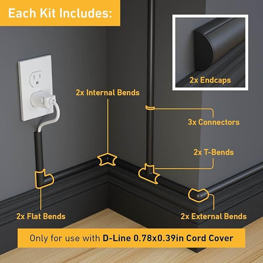 D-Line Small Cable Raceway Accessory Pack, Join 0.78in x 0.39in Cord Cover Lengths, 13 Accessories Included, Hide Cords Around a Variety of Angles - Black