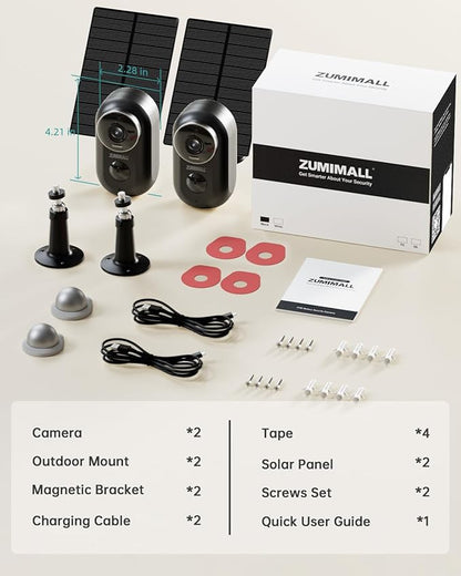 ZUMIMALL Solar Security Cameras Wireless Outdoor, 2Packs, Solar Camera Outdoor Wireless, 2.4G WiFi Battery Camera, 3MP Color Night Vision, Magnetic Mount, Siren,PIR/AI Analyse, IP66, Cloud, Alexa