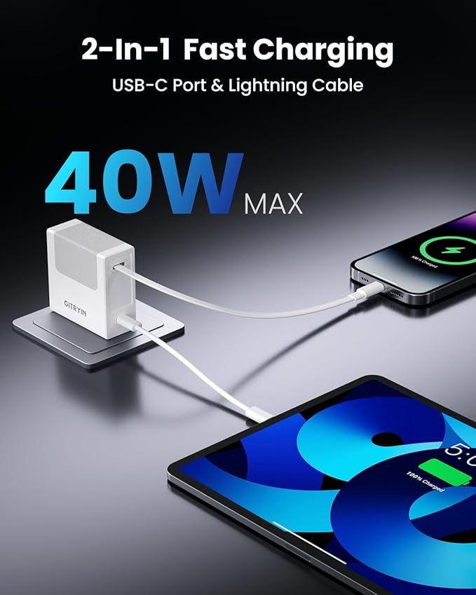 Portable USB Phone Charger Block, Retractable Wall Charger with 31.5in Retractable Lightning Cable, 40W Fast Charging Block with USB C Port, Power Adapter with Foldable Plug for iPhone14/13/12