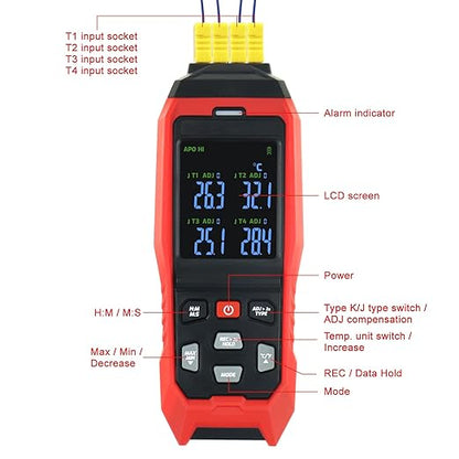 Thermocouple Thermometer Data Logger 4 Channels Digital K Type Thermometer with 5000 Groups Programmable Temperature Recording -328~2501℉ Measuring Range, Audible & Visible Alarm ADJ Compensation