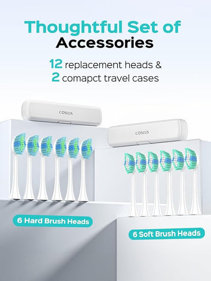 COSLUS Sonic Electric Toothbrush for Adults: 47000 VPM for Deep Cleaning & Whitening with Travel Case - 5 Modes for Sensitive Teeth & Braces, Wireless Charging, 6 Brush Heads, Pink & Green (2PCS)