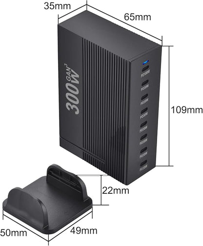 OHLOPL 300W 8-Port GaN PD3.1 Desktop Charging Station | Intelligent Power Allocation, Ideal for Office and Home, Safely Charges Laptops, Phones, Tablets, and Watches