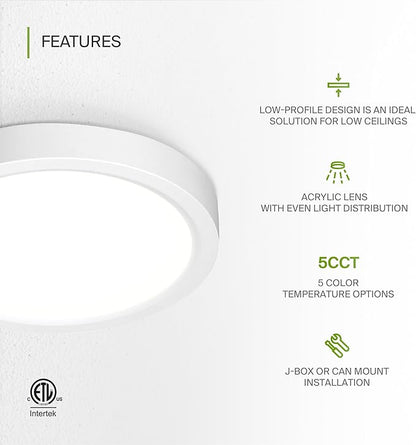ASD LED 5" Round Flush Mount Ceiling Light Fixture, Low Profile Surface Lighting | 5CCT, Dimmable, Ultra-Thin, ETL Listed | 10W 700LM 2700-6000K 120V | Kitchen, Bedroom, Hallway Lamp | White