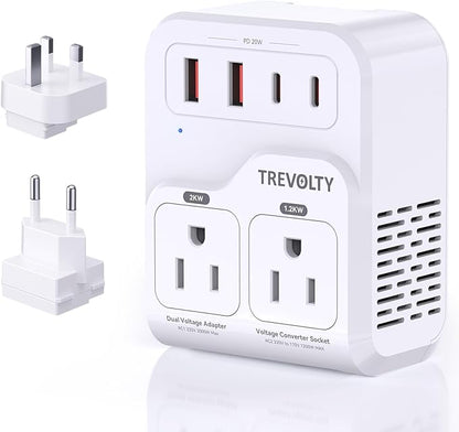 2000W Voltage Converter US to Europe for Hair Dryers, 7-in-1 220V to 110V Converter for European Travel with 3 AC/2 USBA/2 USBC Ports (PD20W), Universal Travel Adapter with Type C G Plug (White)