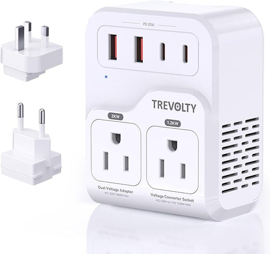 2000W Voltage Converter US to Europe for Hair Dryers, 7-in-1 220V to 110V Converter for European Travel with 3 AC/2 USBA/2 USBC Ports (PD20W), Universal Travel Adapter with Type C G Plug (White)