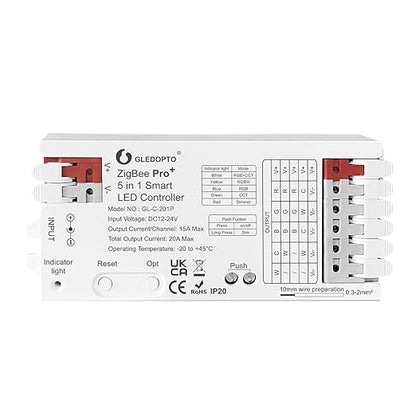 GLEDOPTO ZigBee3.0 Pro+ 5 in 1 LED Controller 20A Max RGBCCT/RGBW/RGB/CCT/Dimmer Compatible with Alexa Homey Home Assistant APP Control for RGBCCT RGB WWCW LED Strip Light (Hub Required)