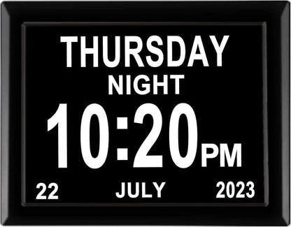 LaMi Products 7.85 Inch Dementia Clock for Seniors - Extra Large Display Digital Wall Clock with Day & Date, 12 Custom Alarms - High Contrast for Low Vision, Memory Care (Black)