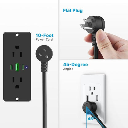 CCCEI Recessed Power Strip with Outlet and 45W USB C Ports, Furniture Flush Mount Power Strip, Small Desk Hidden Outlet for Conference Table, Nightstand, Black, 10FT.