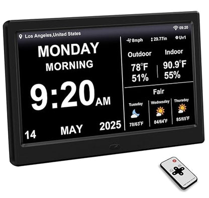 FEYBYLA 2025 New Digital Clock with Temperature/Humidity & Weather Forecast, Auto Time Sync Large Display, Custom Alarms & Medication Reminders, Ideal for Elderly(Black, 10.1-Inch)