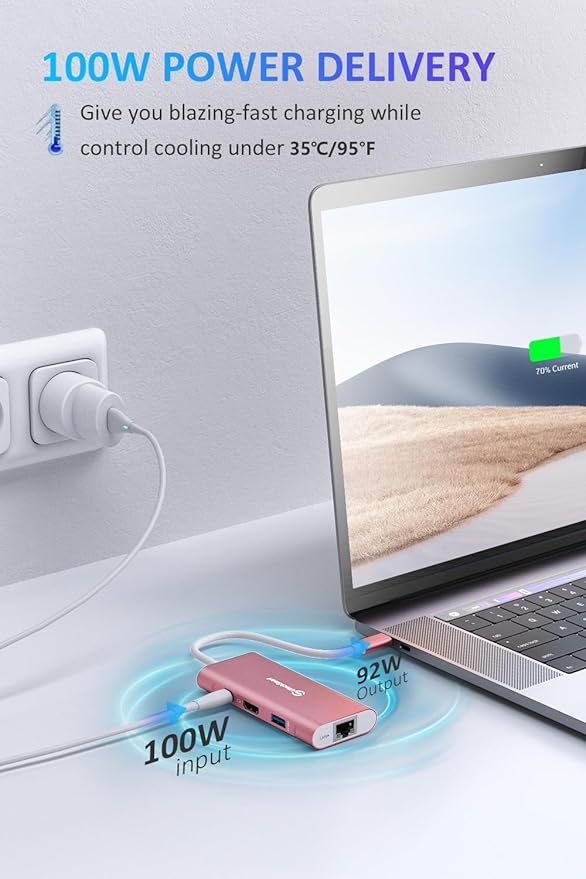 UtechSmart USB C Hub, Ethernet Multiport Adapter 6 in 1 USB C to HDMI Dock Compatible for MacBook Pro/Air, Chromebook, Dell XPS, HP and Type C Devices (Gigabit Ethernet 100W PD 4K HDMI USB 3.0) Pink