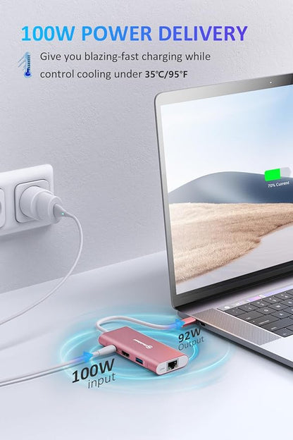 UtechSmart USB C Hub, Ethernet Multiport Adapter 6 in 1 USB C to HDMI Dock Compatible for MacBook Pro/Air, Chromebook, Dell XPS, HP and Type C Devices (Gigabit Ethernet 100W PD 4K HDMI USB 3.0) Pink