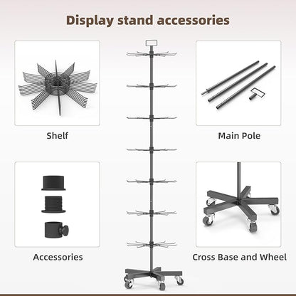 YEOOE Upgraded Retail Display Stand 7 Tier Spinning Display Stand, Movable Shop Spinner Rack with Hooks, Retail Display Racks for Jewelry Keyring Hats Socks Toys (Black)