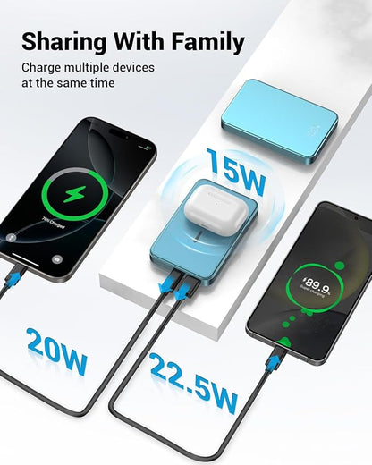 for Magsafe Portable Charger, Aluminum Alloy Small 10000mAh 20W PD Magnetic Power Bank, USB-C in&Out Wireless Battery Pack Phone Charger for iPhone 16/15/14/13/12 Plus Pro Max Series -Blue