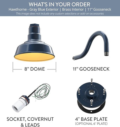 Steel Lighting Co. Hawthorne Barn Light | Outdoor Wall Mounted | 8 inch Dome | 11" Gooseneck | Small Farmhouse Light Made in America | Gray Blue Exterior/Brass Interior