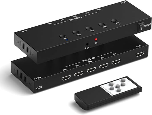 RuiPuo 5Port HDMI Switcher 8K@60Hz 5In 1Out HDMI Selector with IR Remote Supports Full HD 4K/1080P/3D & HDCP2.2 for Switch,Xbox,PS4/PS5,Fire Stick,Roku,Apple TV etc.